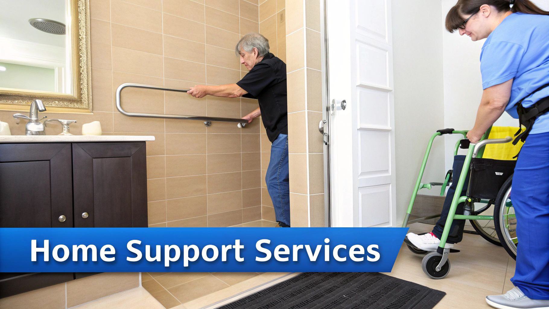 A caregiver helps a senior with meal preparation in a bright, clean kitchen, showing practical in-home support.