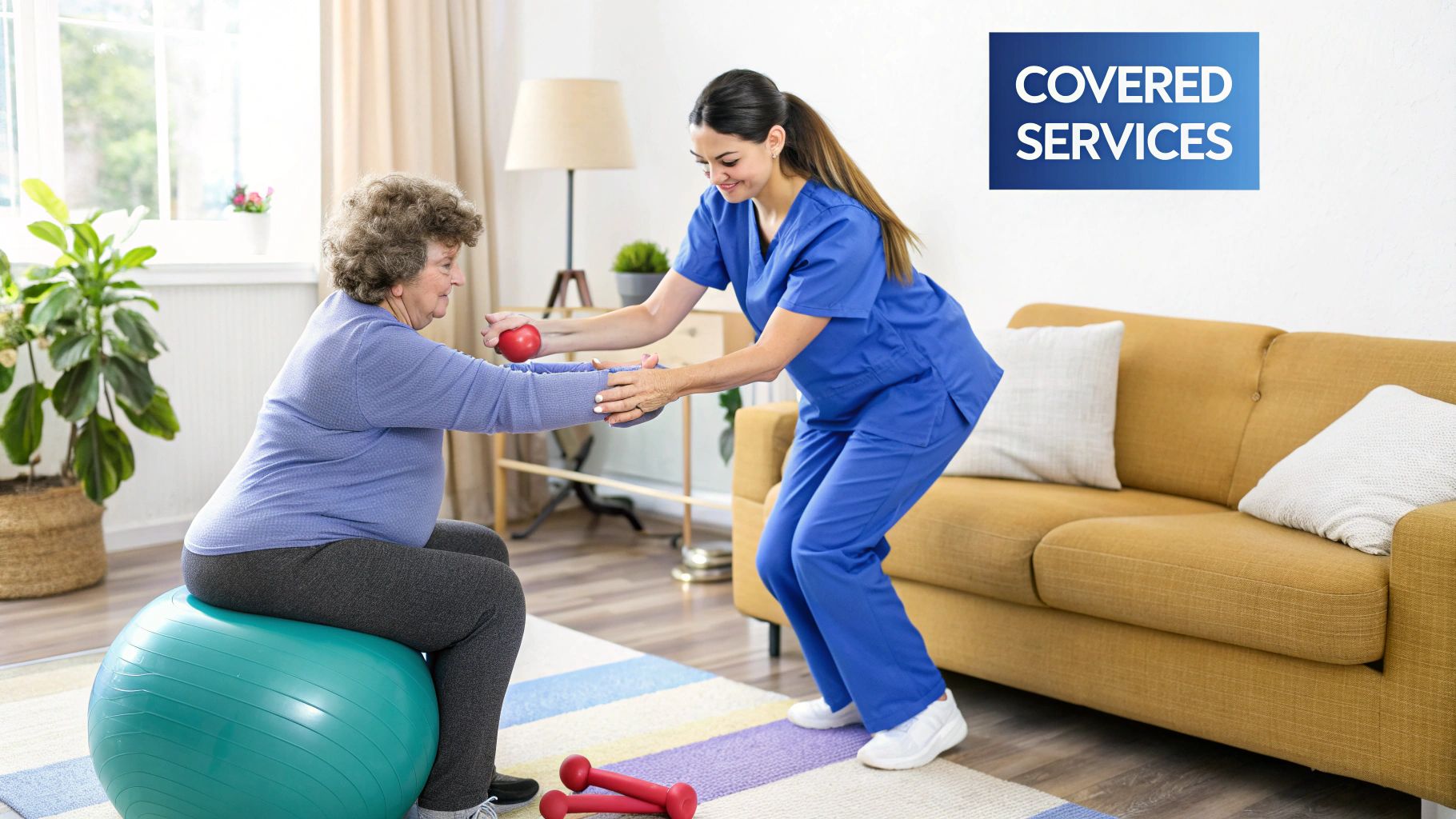A compassionate therapist assisting a senior woman with exercises at home.
