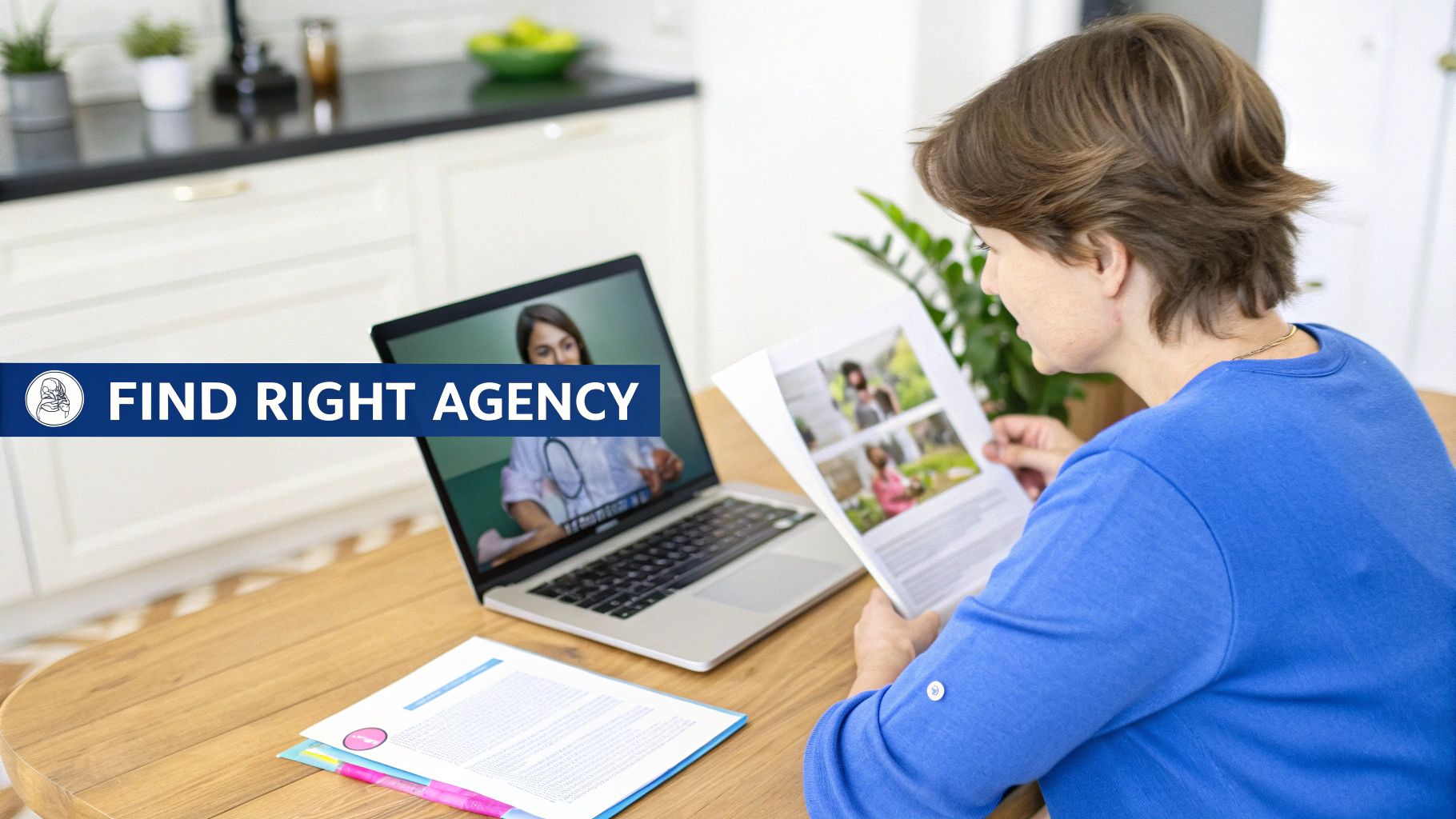 A woman reviews documents while on a video call with a nurse about home health services.