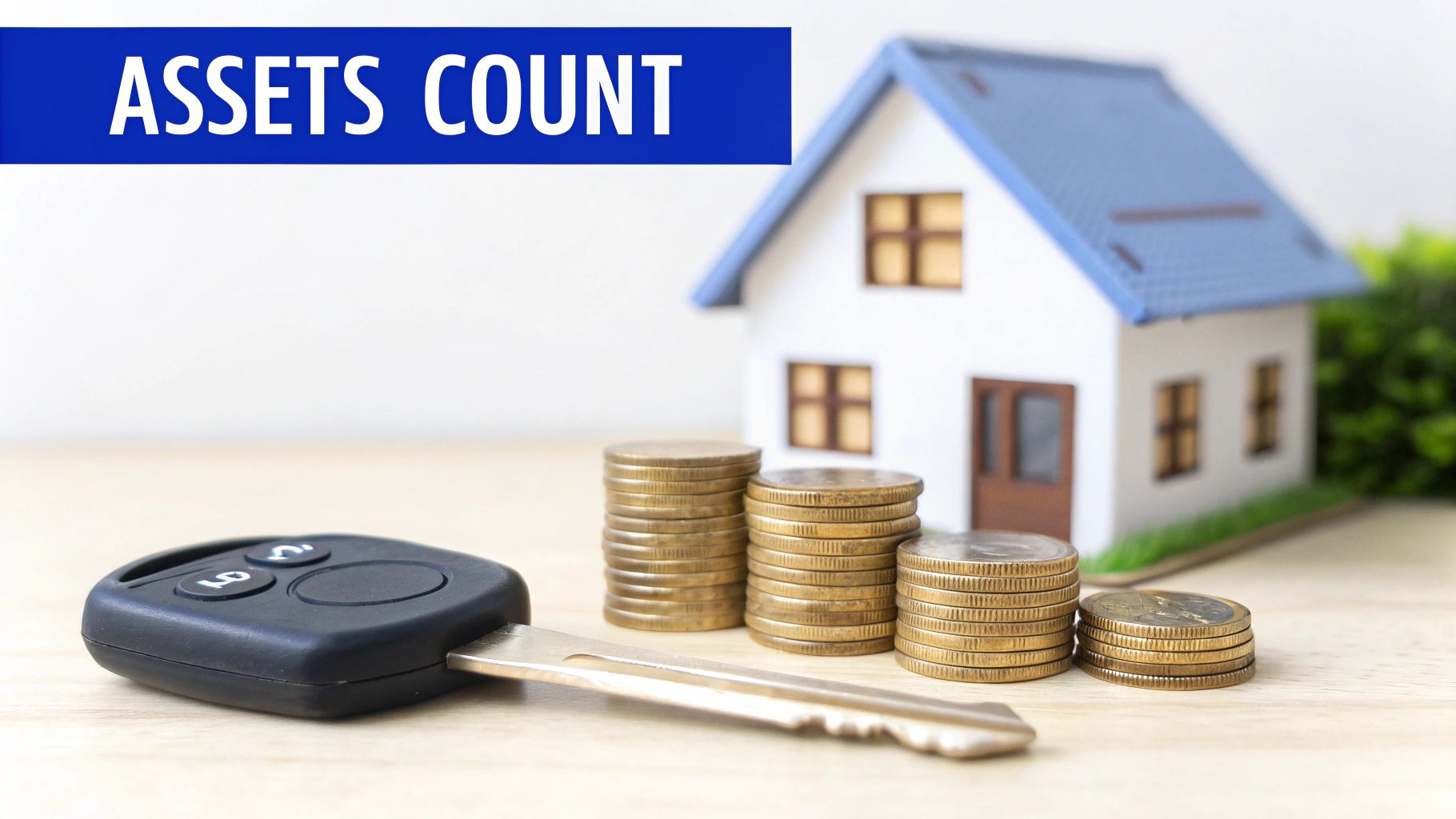 A model house, stacks of golden coins, and a car key, with 'ASSETS COUNT' banner.
