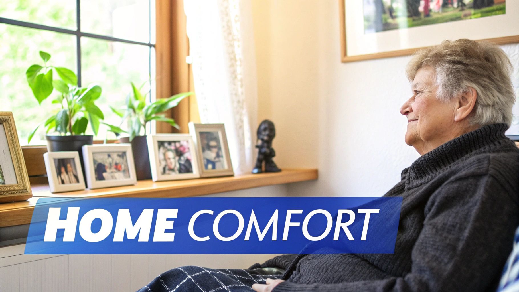 An elderly woman sits relaxed at home, looking out a window with plants and photos.