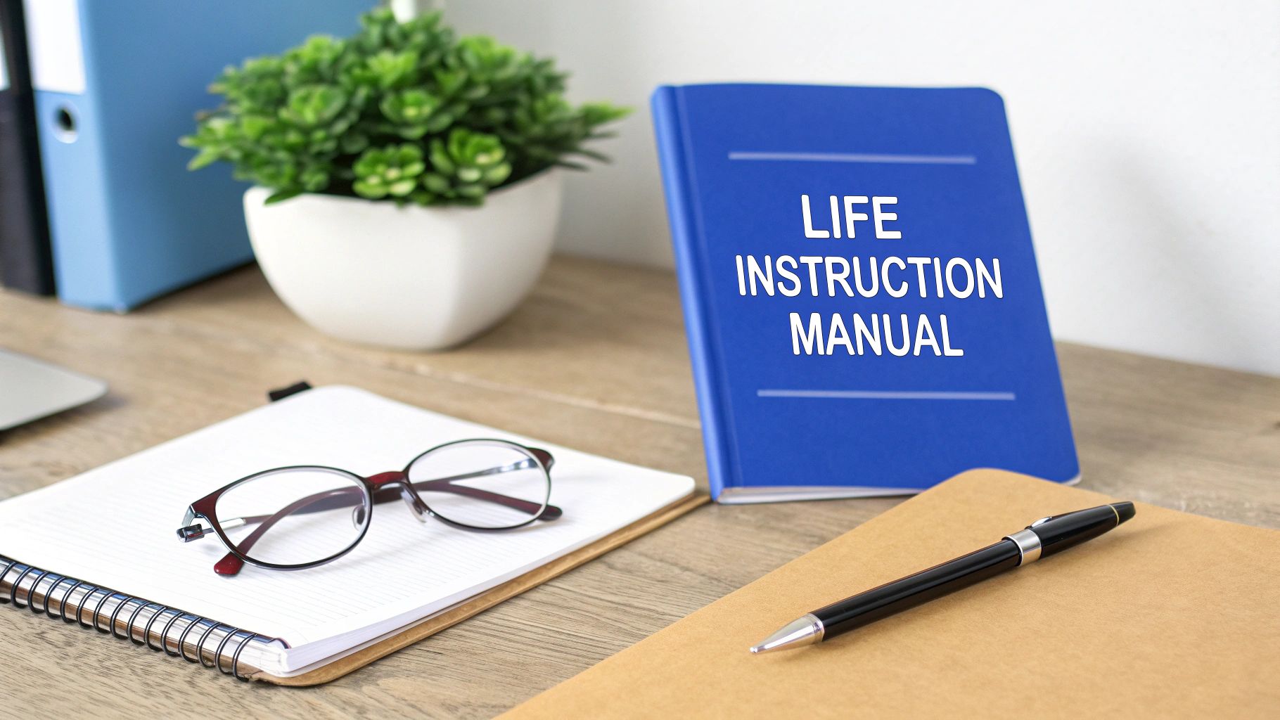 A blue book titled 'LIFE INSTRUCTION MANUAL' on a desk with a notebook, glasses, and plant.