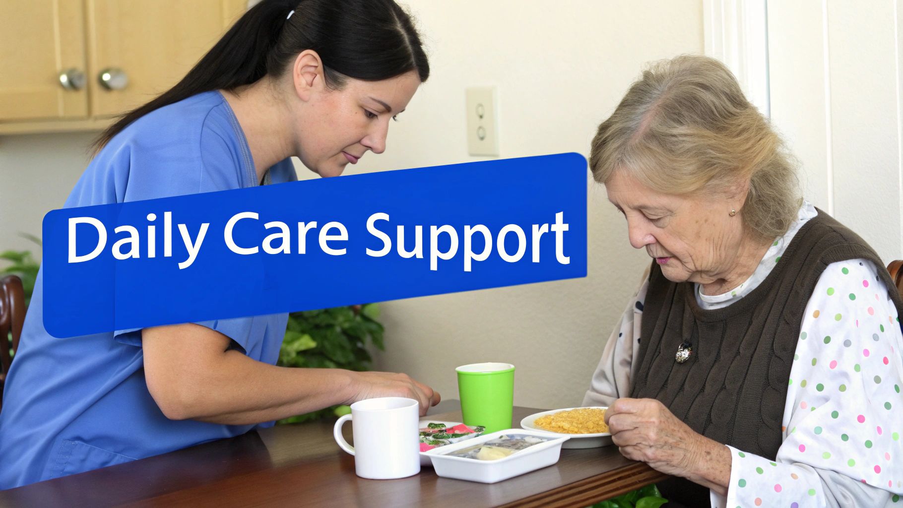 A home health aide assisting an elderly woman with a tablet