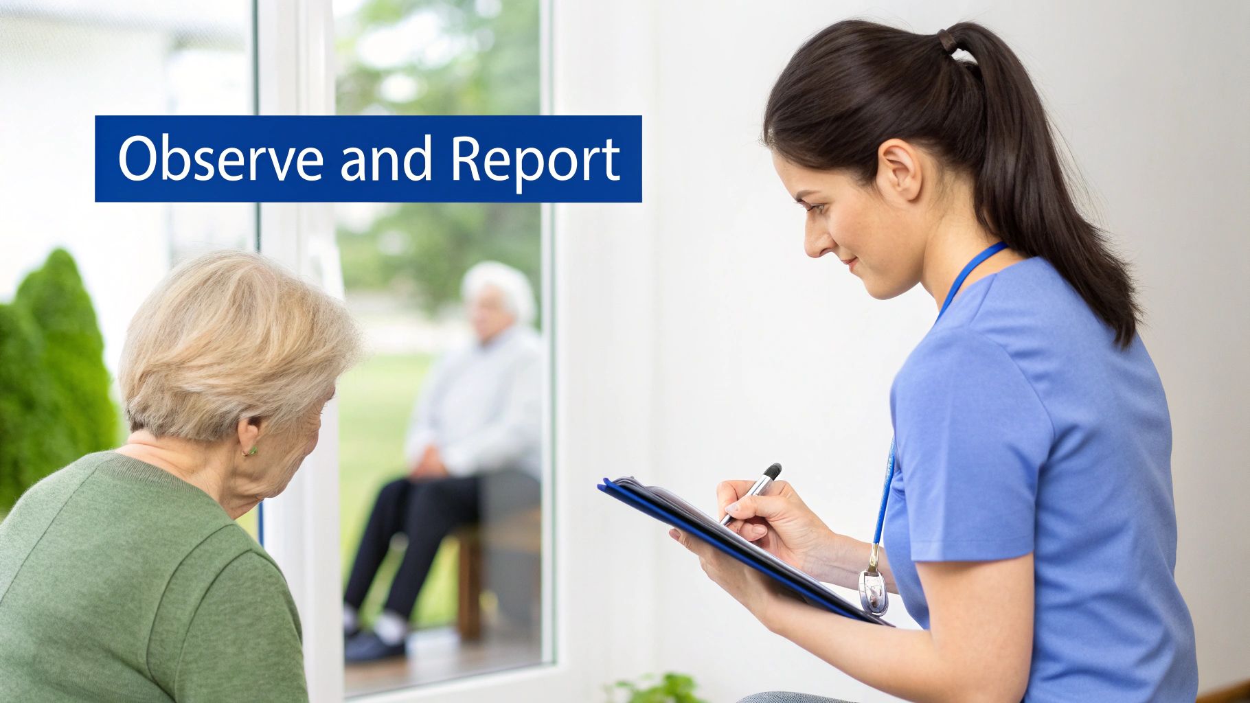 A home health aide observes and reports while an elderly woman looks out a window.
