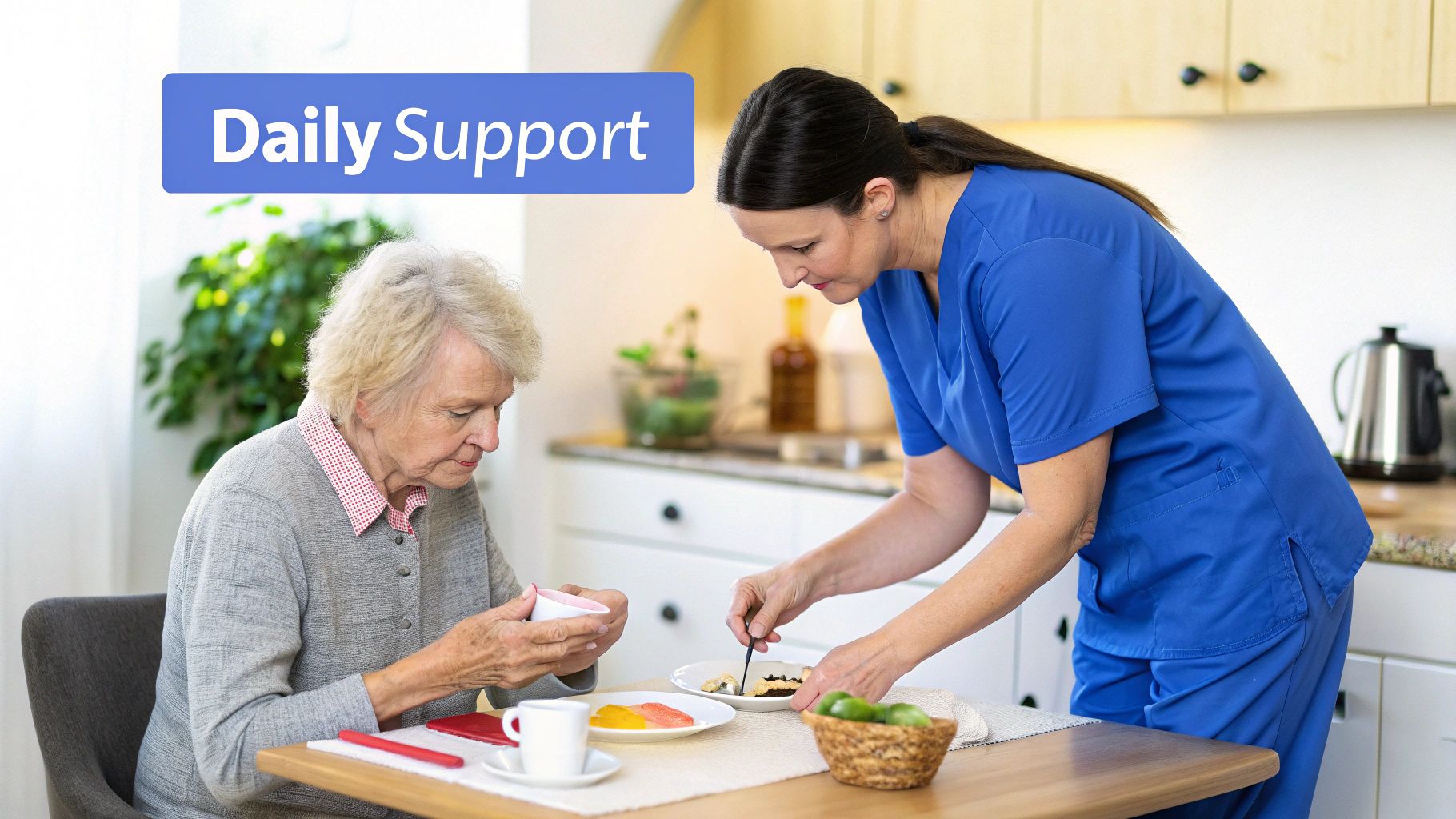 A female caregiver helps an elderly woman with breakfast, showing daily home support.