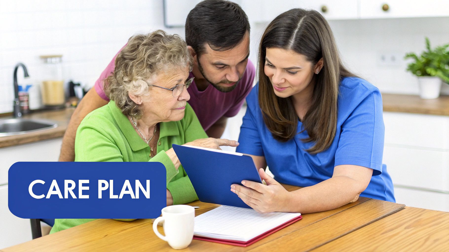A caregiver and a senior woman smile while looking at a tablet together, planning care based on assessment results.