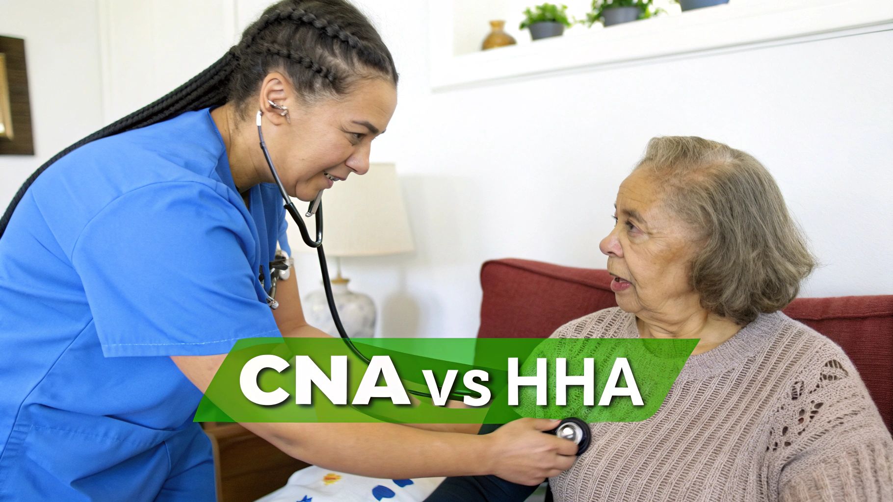 A healthcare aide in blue scrubs checks an elderly woman's heart with a stethoscope.