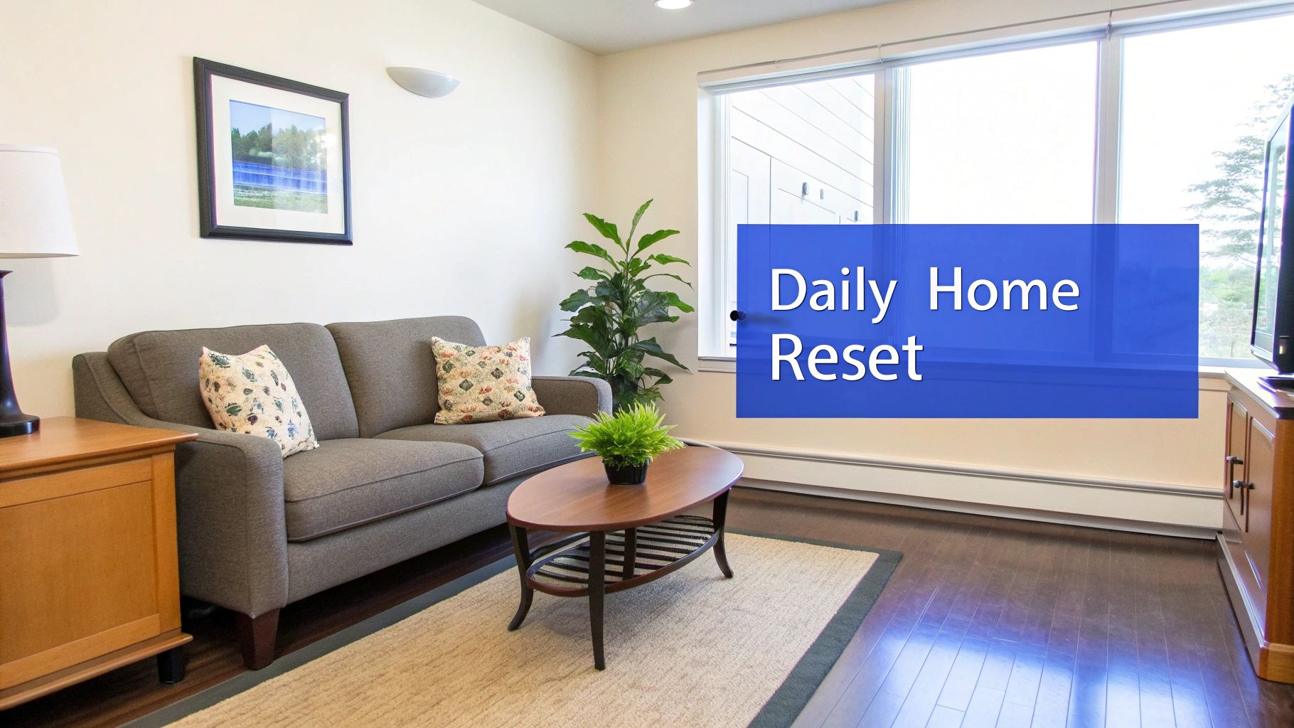 Clean organized living room with gray sofa, coffee table, plants and daily home reset text overlay