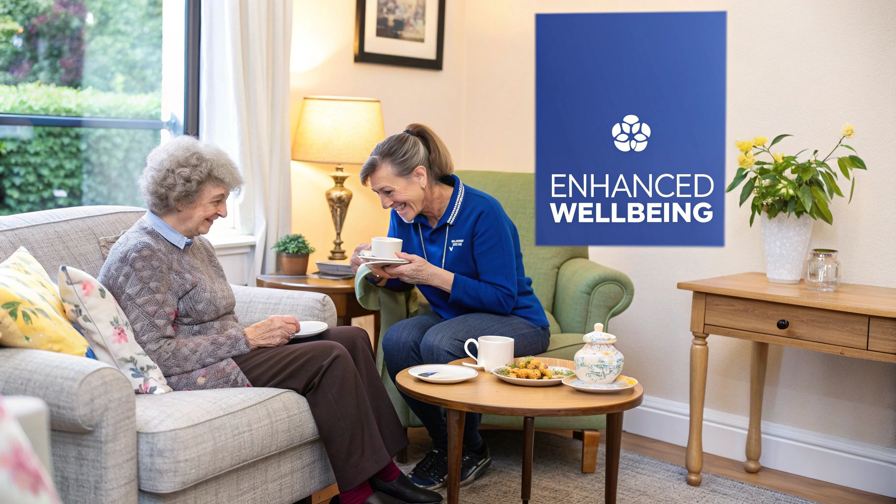 A caregiver and a senior woman smiling and talking while sitting on a couch.