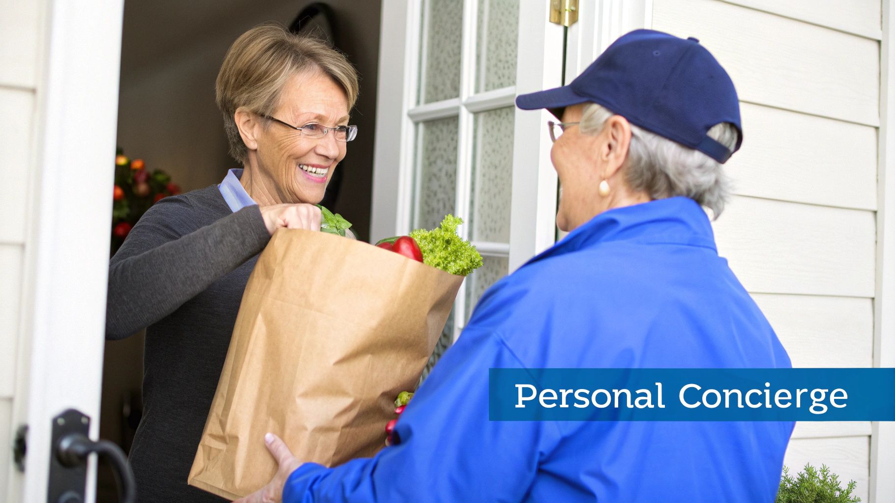 A smiling woman receives a bag of groceries from a personal concierge at her doorstep.