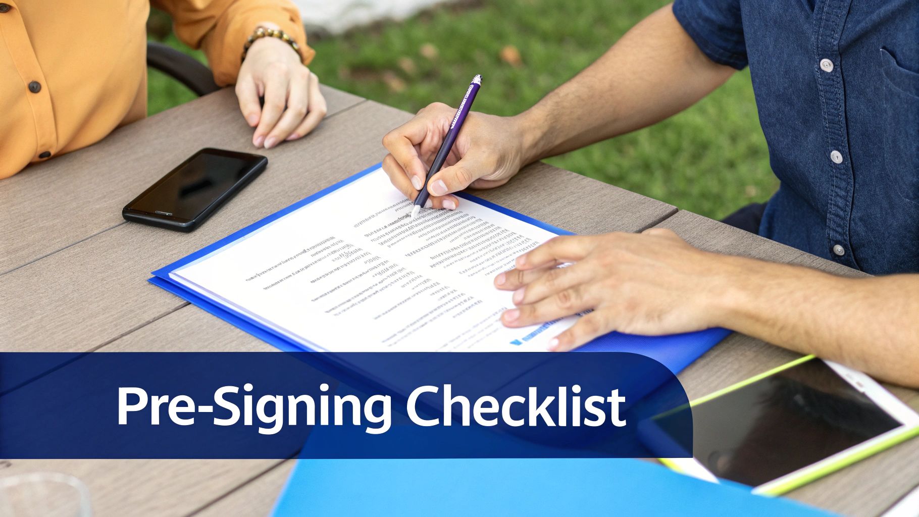 Two people at a table, one is signing a document with a pen, next to a smartphone.