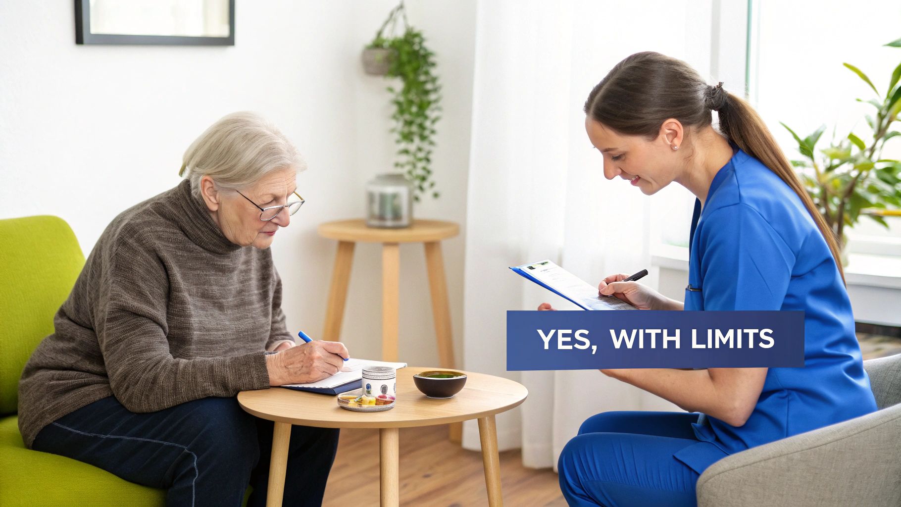 Healthcare worker consulting with elderly patient about home health care coverage and services