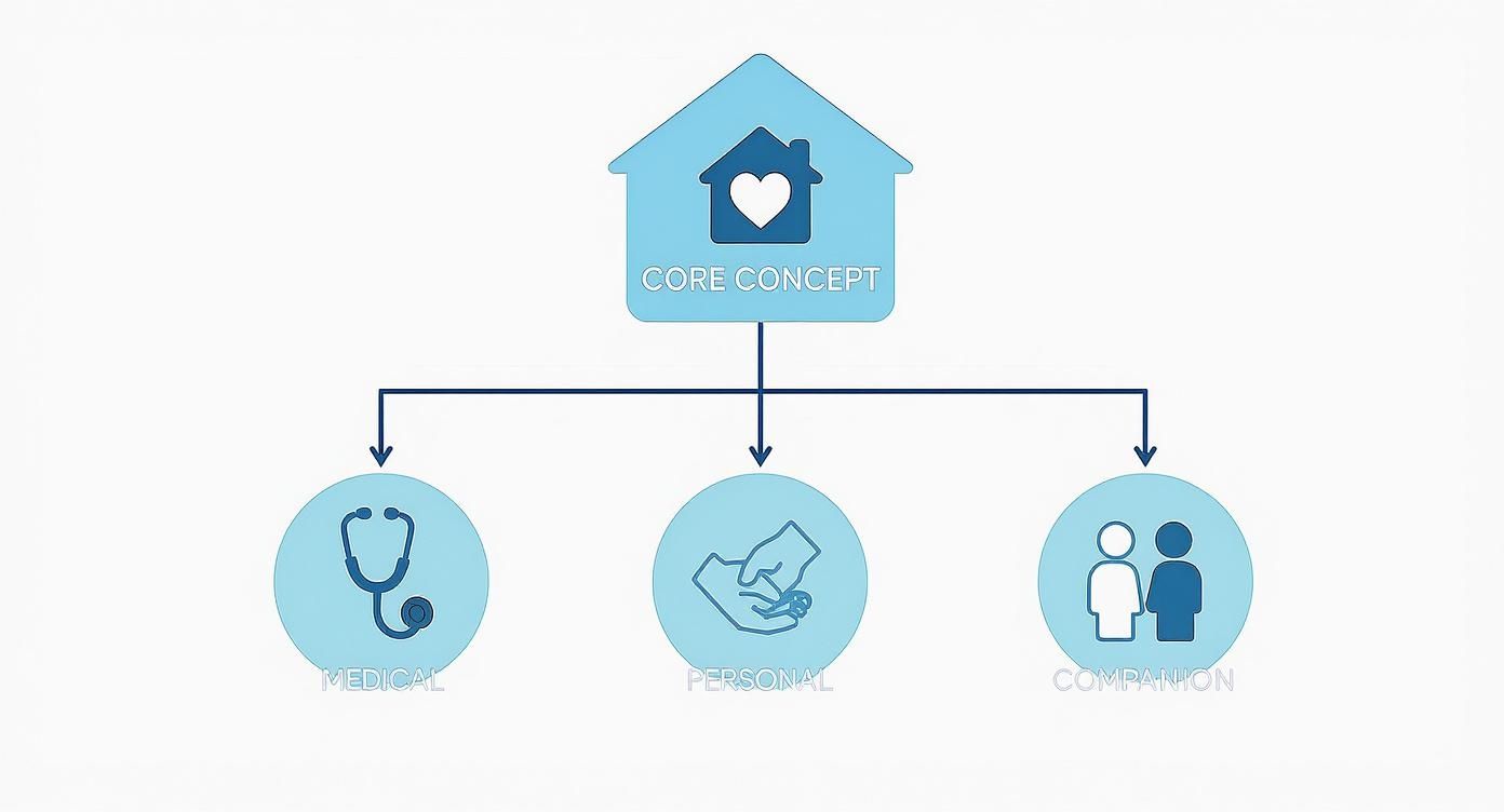 Diagram showing core concept of in-home care branching into medical, personal, and companion services.