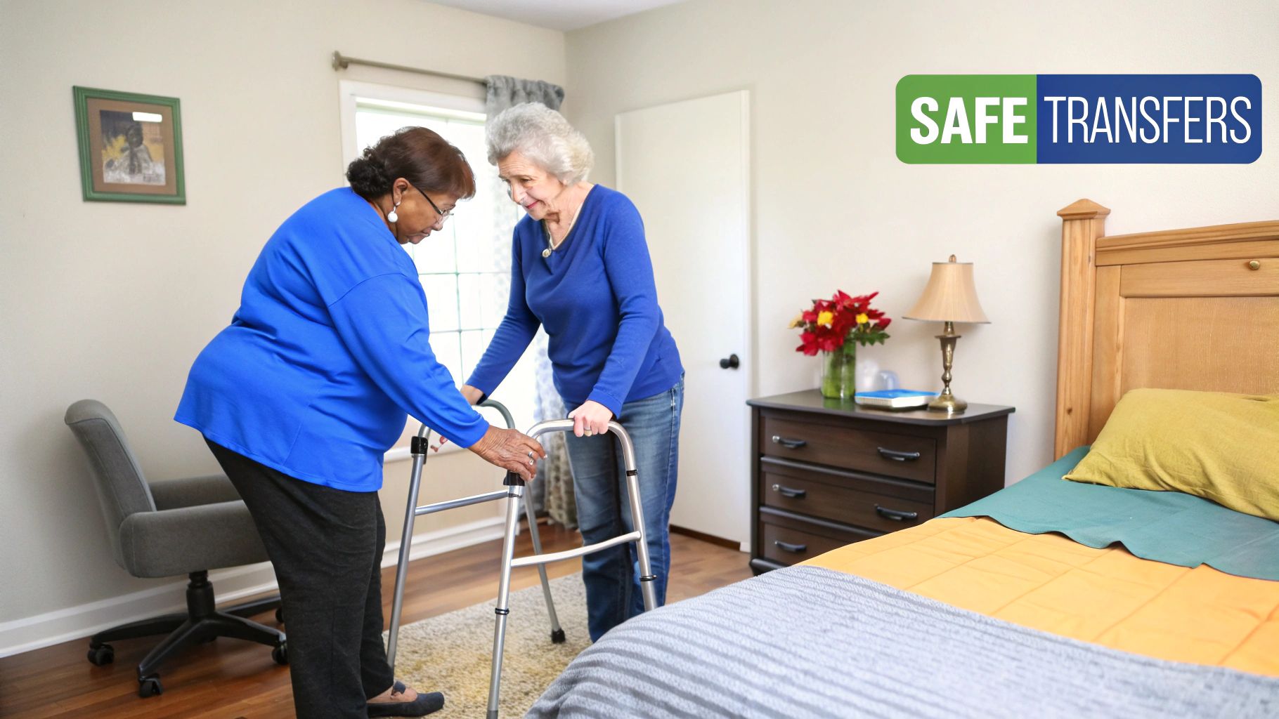 Two women, one assisting another elderly woman using a walker in a bedroom for safe transfers.