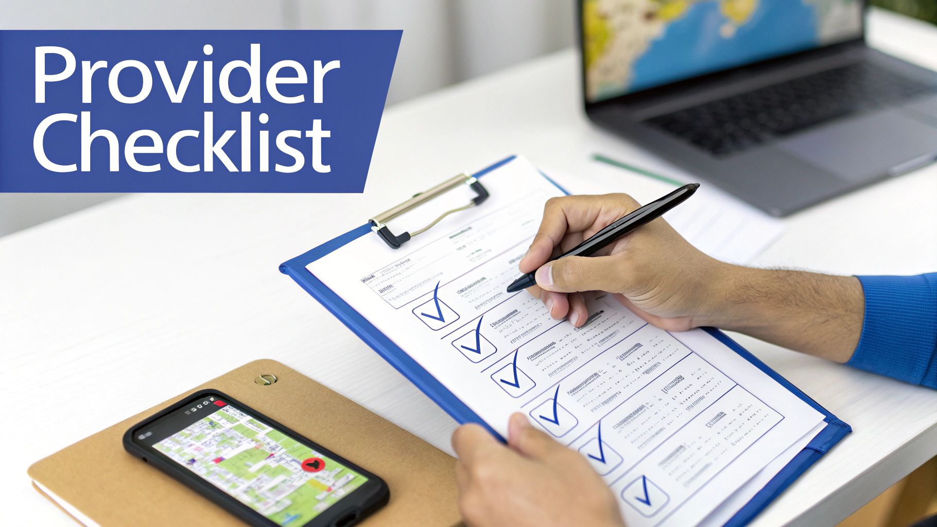 A person completes a 'Provider Checklist' on a clipboard, with maps on a phone and laptop.