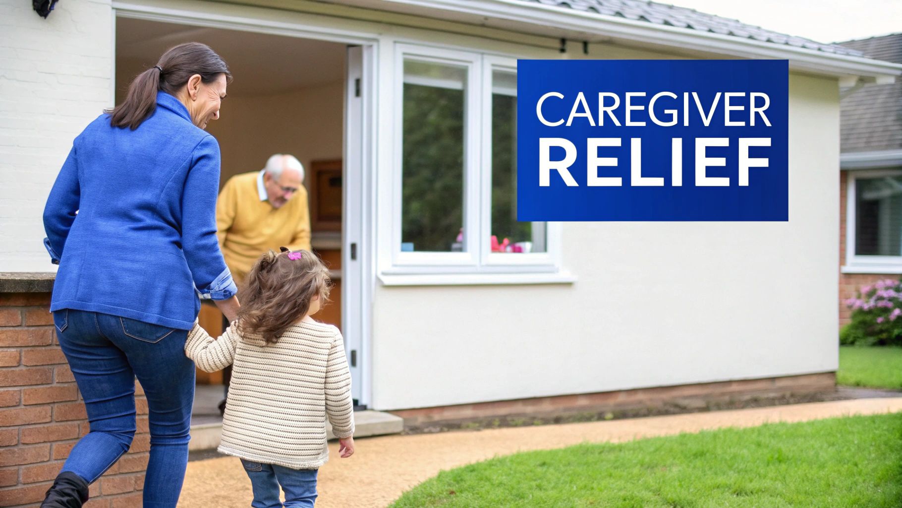A smiling woman and child walk hand-in-hand towards a house, with an older man in the doorway.