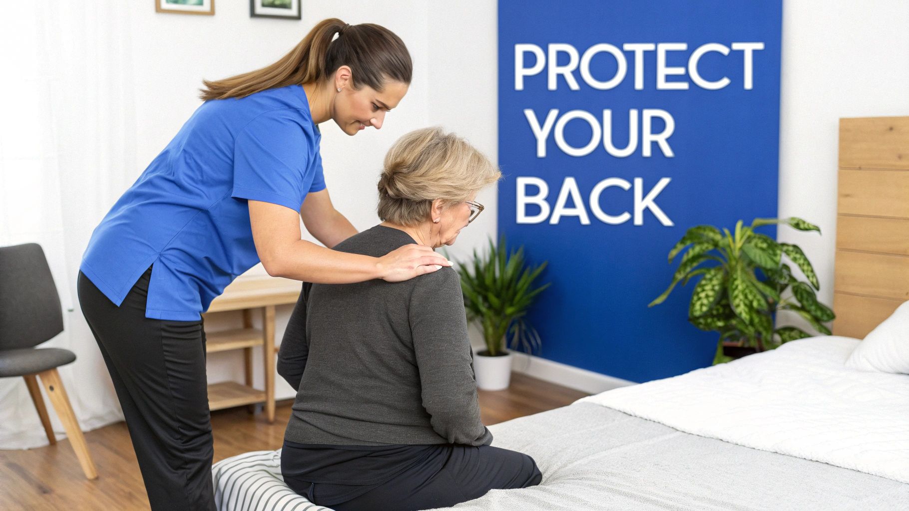 A caregiver safely assists an elderly person in a walker, demonstrating safe patient handling.