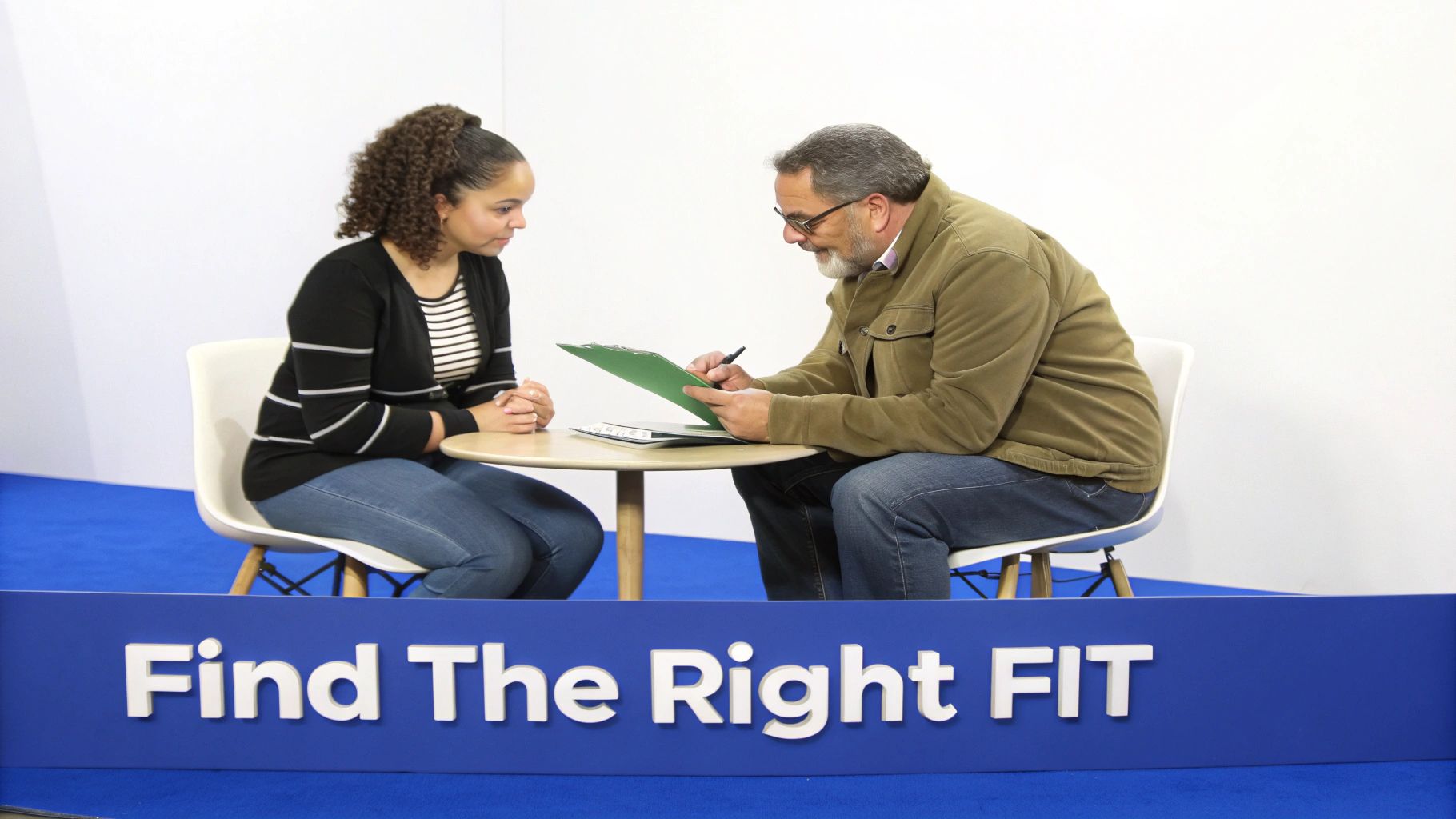 A family discusses care options with a professional at their kitchen table.