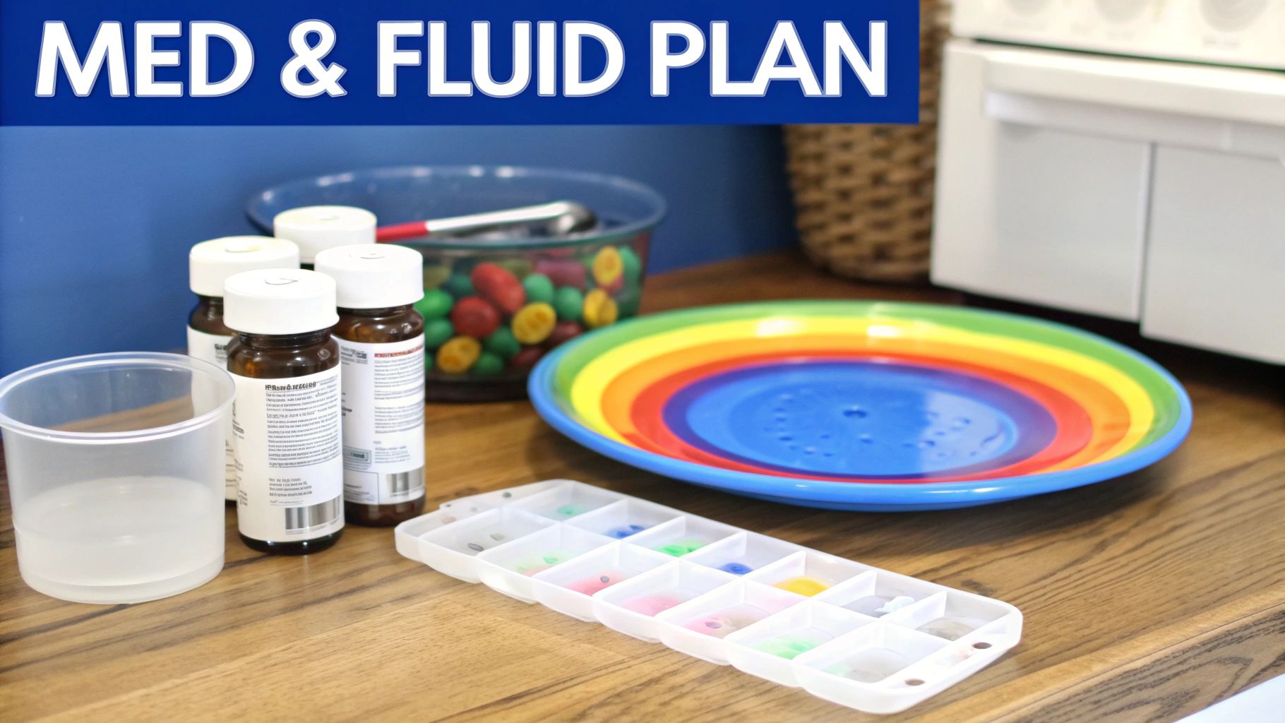 A table setup for medication and fluid planning, featuring bottles, a pill organizer, and a cup of liquid.