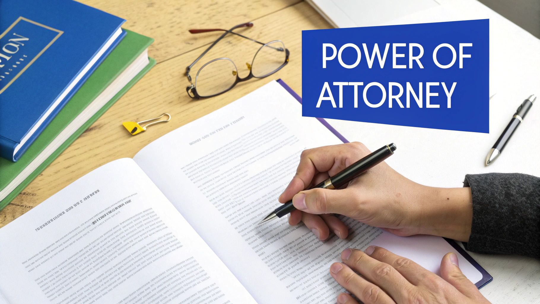 Person signing a legal document on a desk with books, glasses, and a pen, with 'Power of Attorney' text.