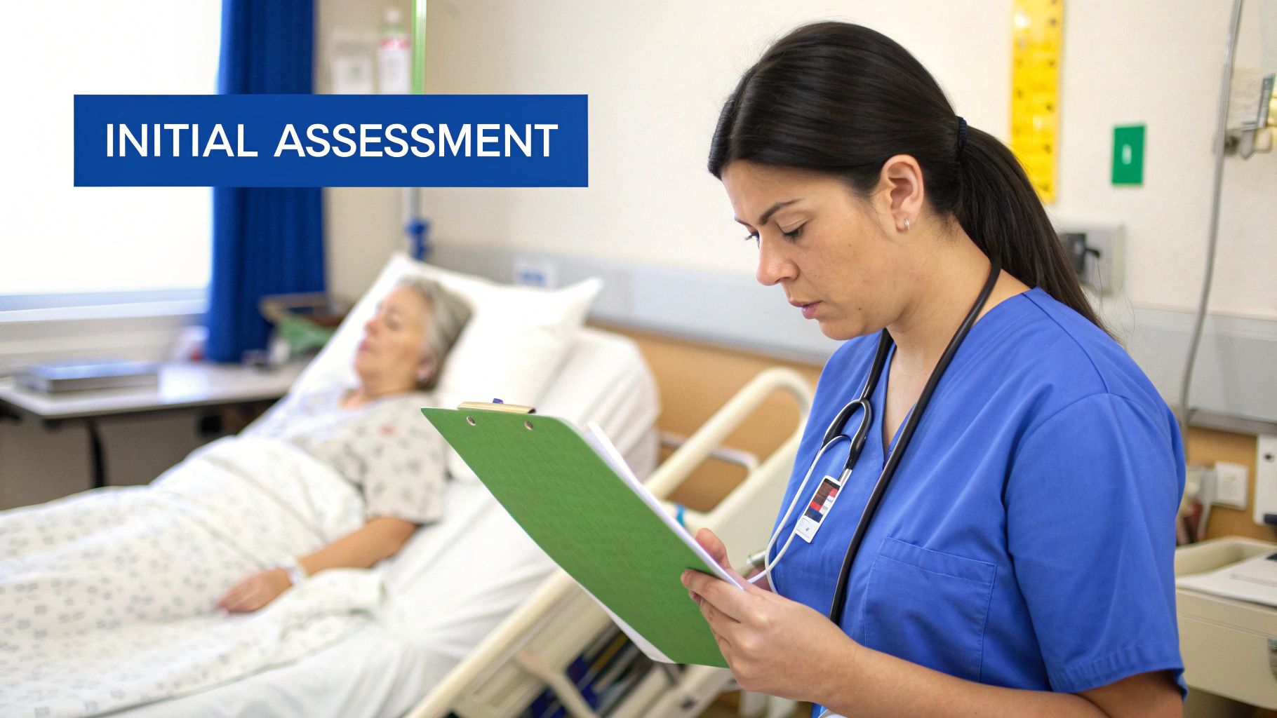A compassionate healthcare professional discusses a discharge plan with a senior patient and their family member.