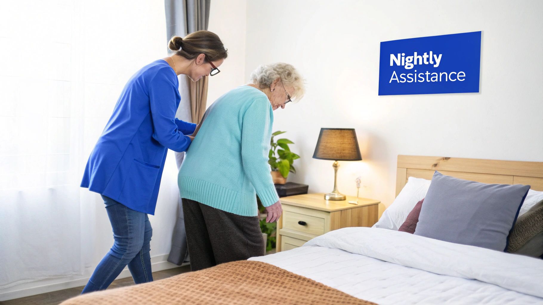 A caregiver assists an elderly woman with walking at night in her home.