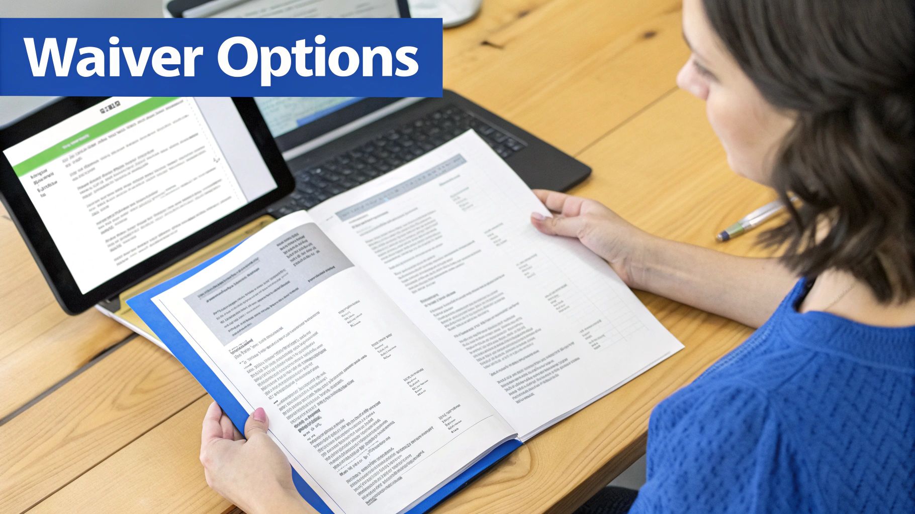 A healthcare professional reviews documents with a senior woman at her kitchen table, symbolizing the planning involved in waiver programs.
