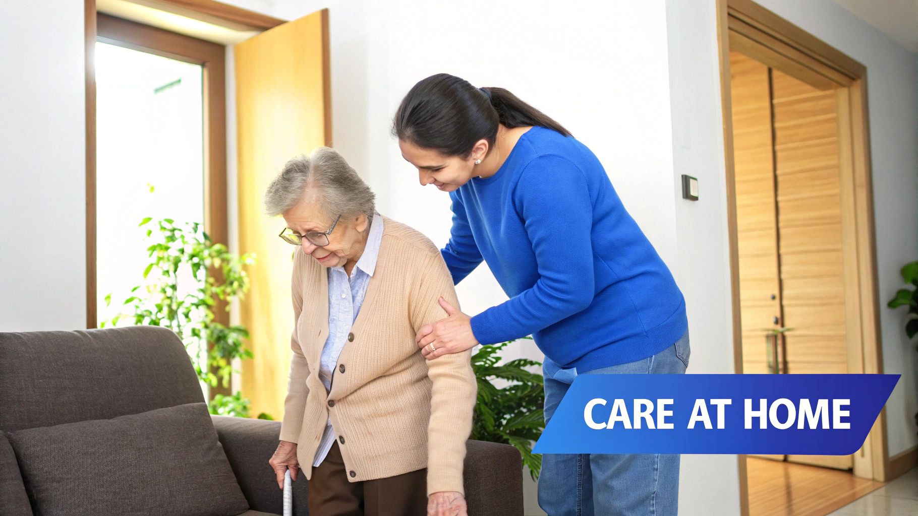 A kind caregiver assists an elderly woman with a cane in her comfortable home.