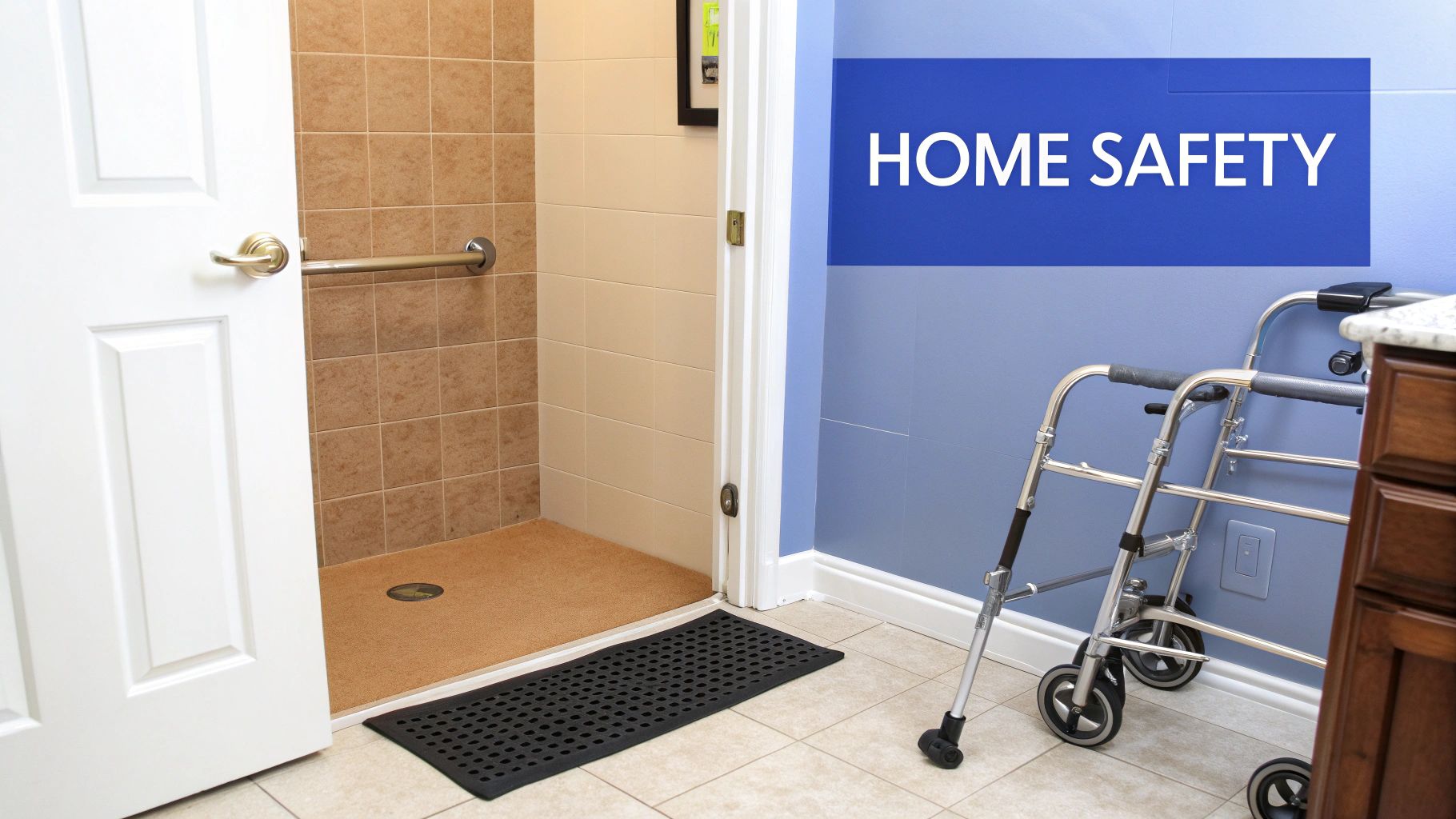 An accessible bathroom with a walk-in shower, grab bar, non-slip mat, and a walker, emphasizing home safety.