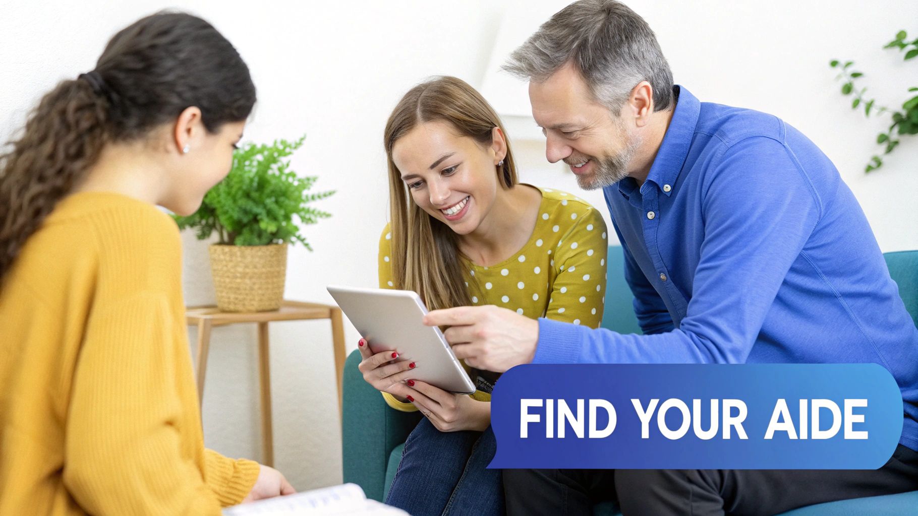 A young woman, likely an aide, consults with a smiling couple using a digital tablet.