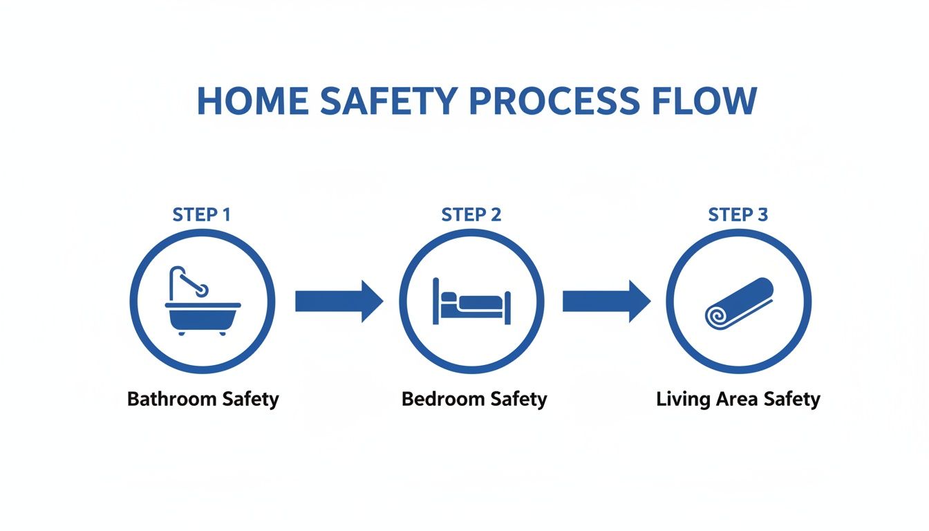 Infographic illustrating a home safety process flow with steps for bathroom, bedroom, and living area safety.