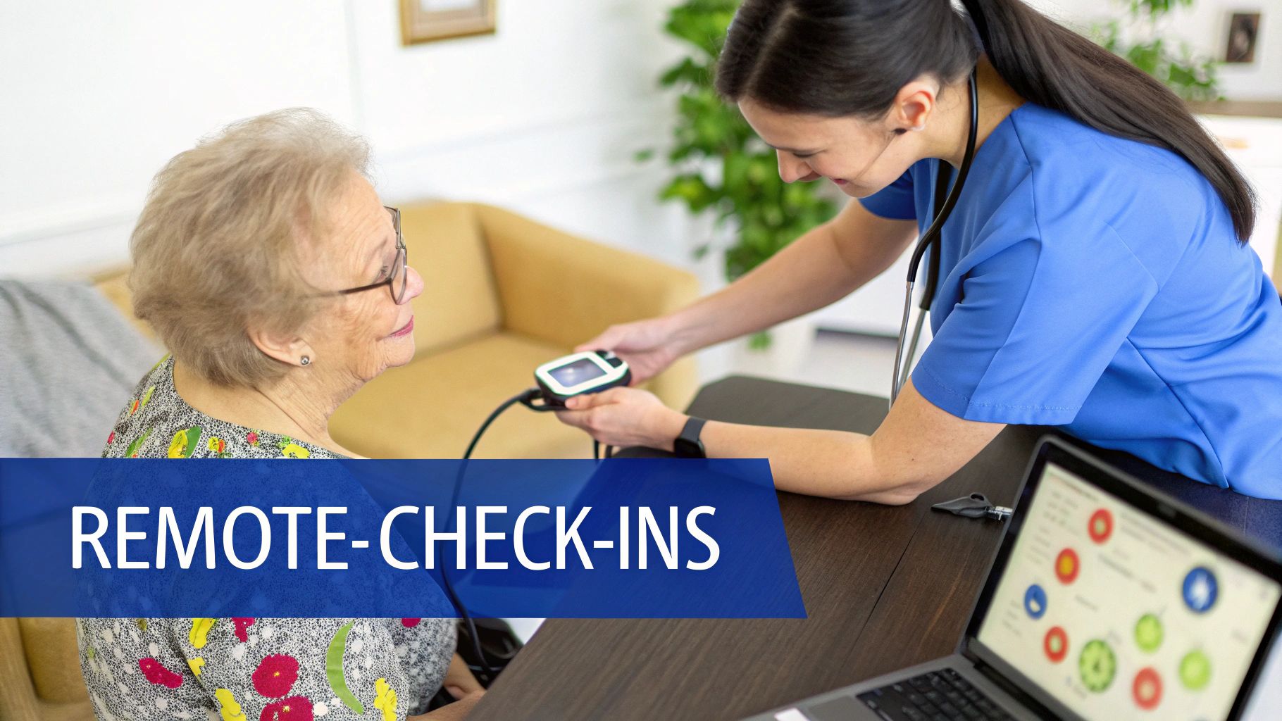 A caregiver assists an elderly patient at home, with a tablet displaying health data nearby.