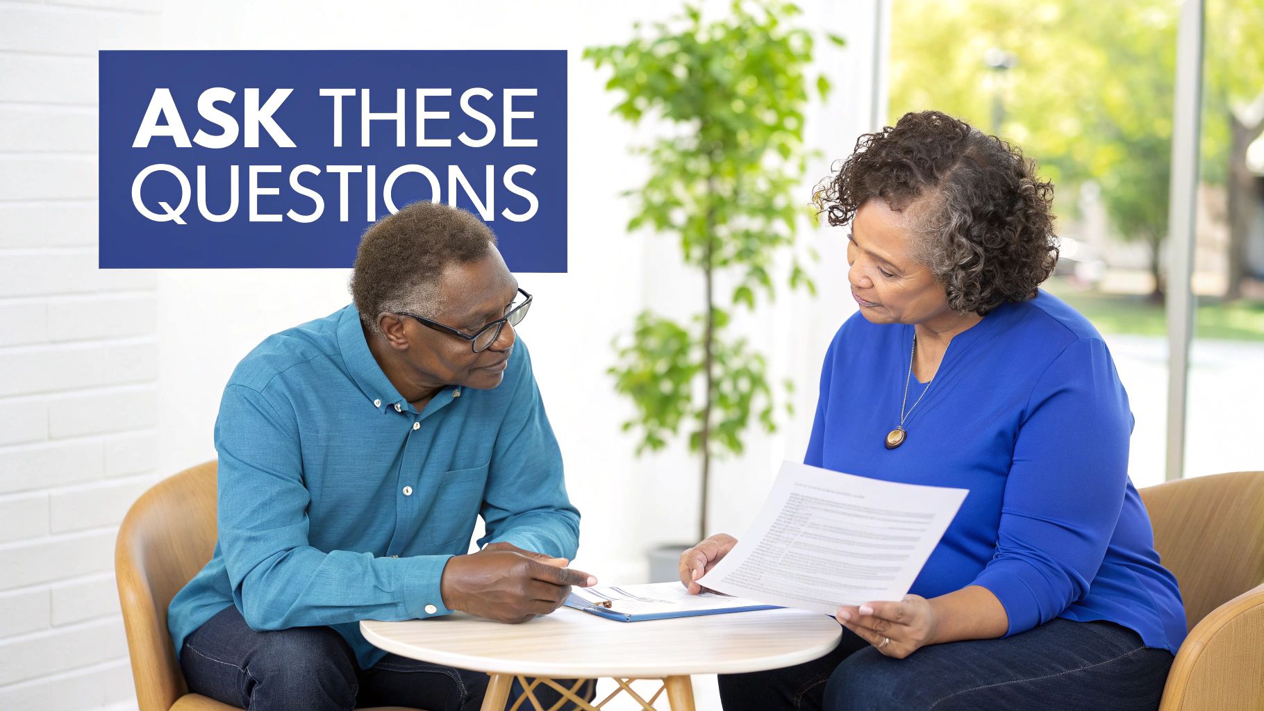 Two elderly Black individuals discuss documents at a table with an 'ASK THESE QUESTIONS' banner.