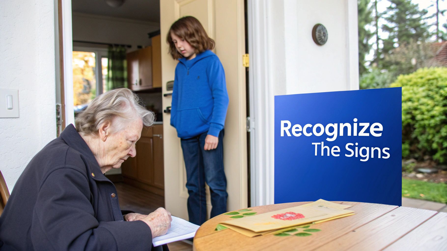 An elderly woman writes outdoors, while a young boy stands in a doorway near a 'Recognize The Signs' poster.