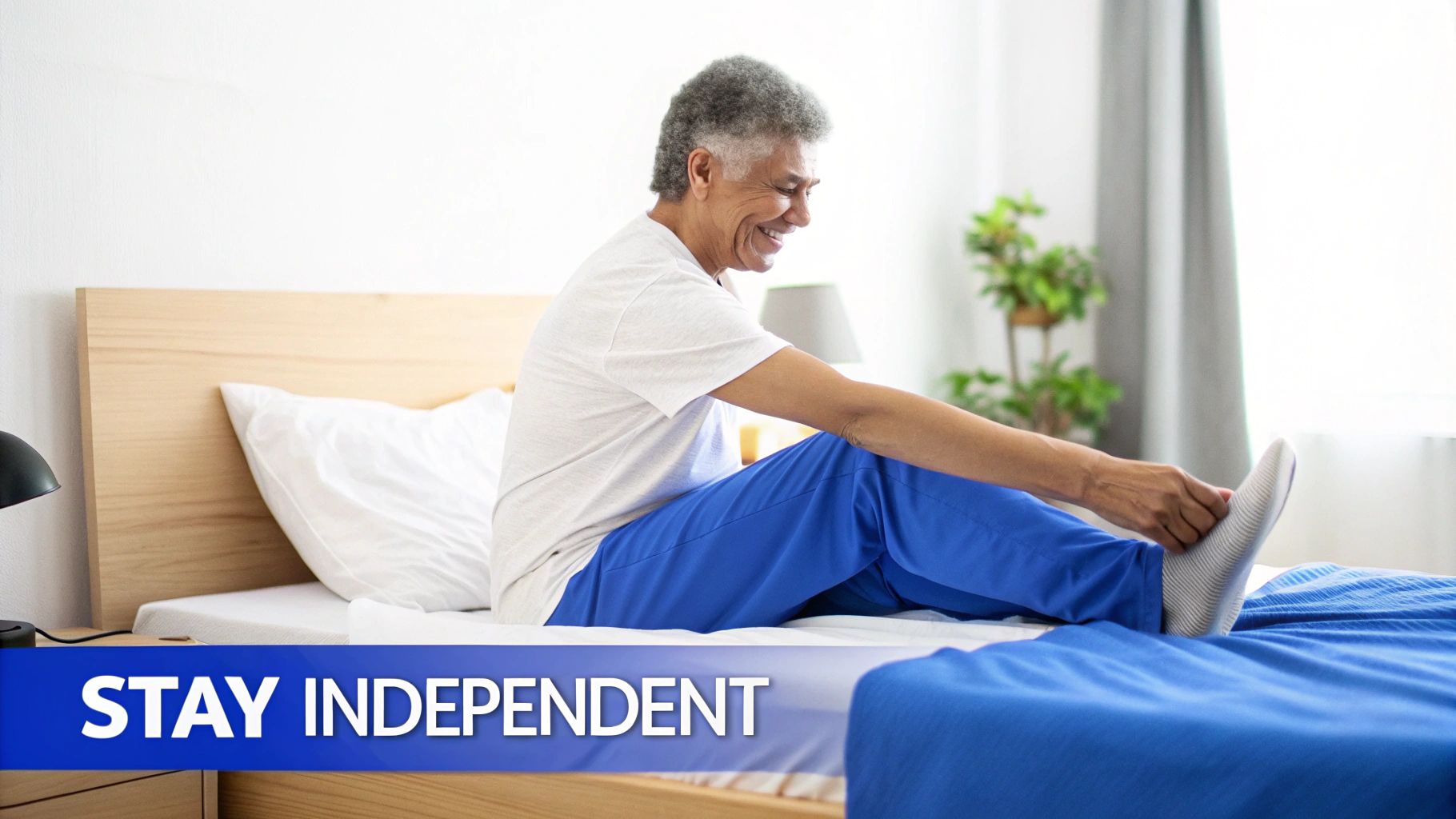 Smiling senior man on bed putting on a sock, with a banner that reads 'STAY INDEPENDENT'.