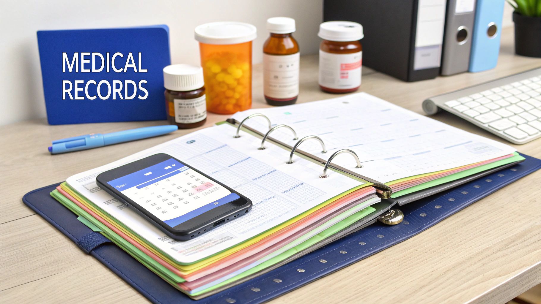 Desk with a 'MEDICAL RECORDS' folder, medicine bottles, an open planner, and a smartphone.