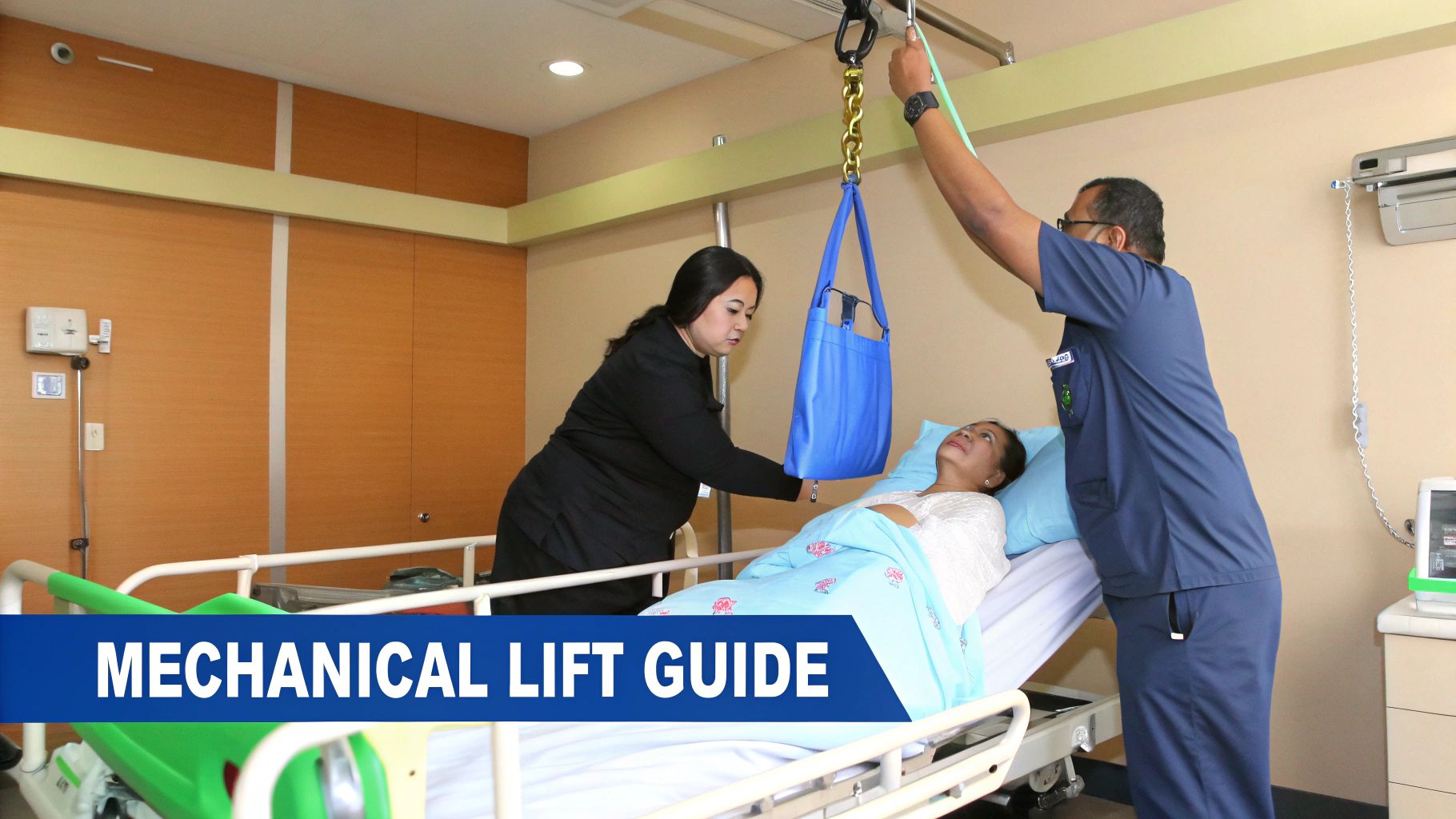 Healthcare workers using mechanical lift sling to safely transfer patient from hospital bed