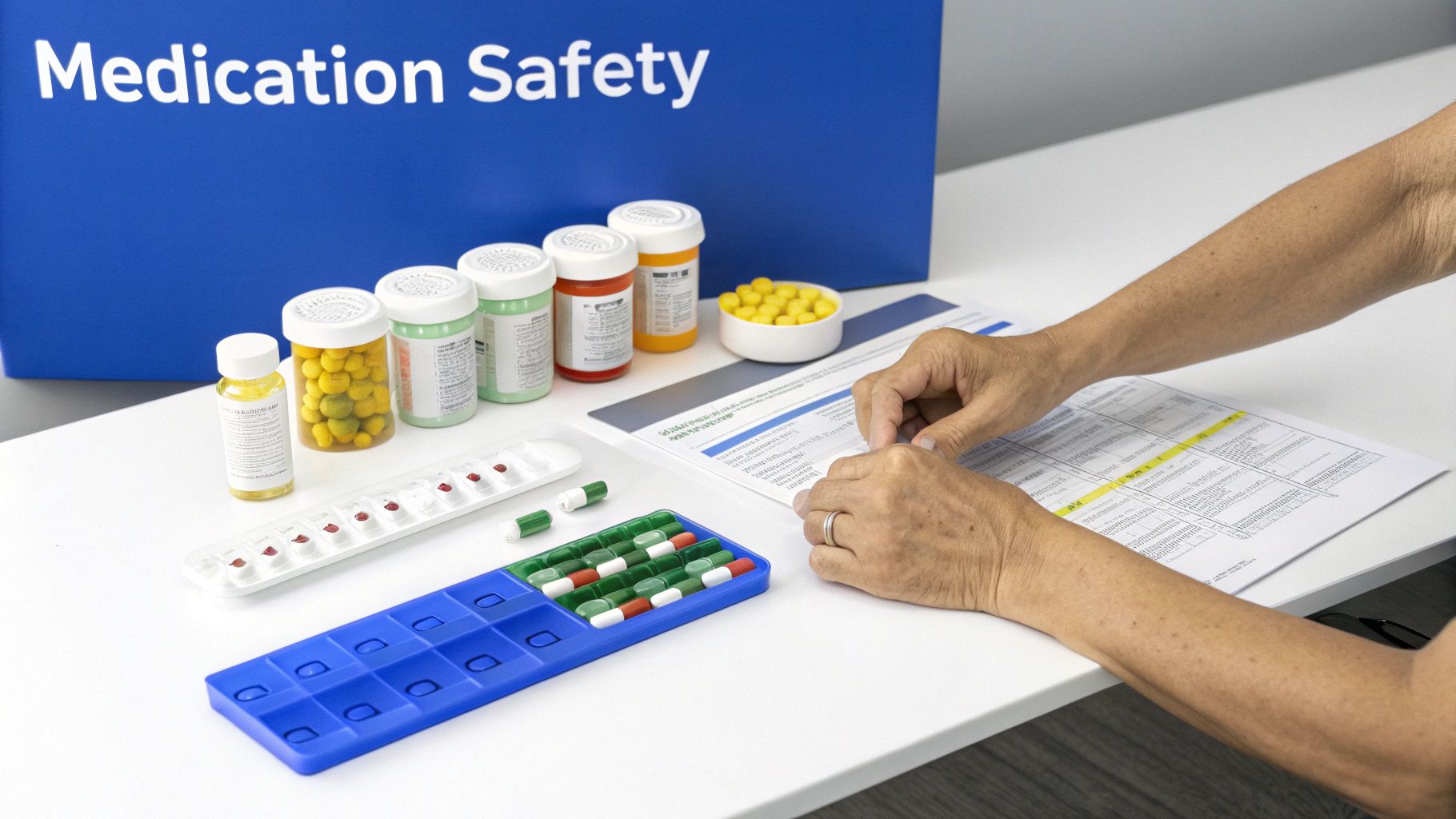 A person organizes various medications with pill bottles, organizers, and a document on a white table under a 'Medication Safety' sign.