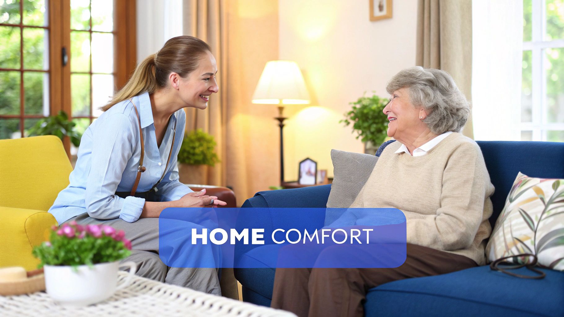 A comforting image of a hand holding another hand, likely between a patient and caregiver, in a home setting.