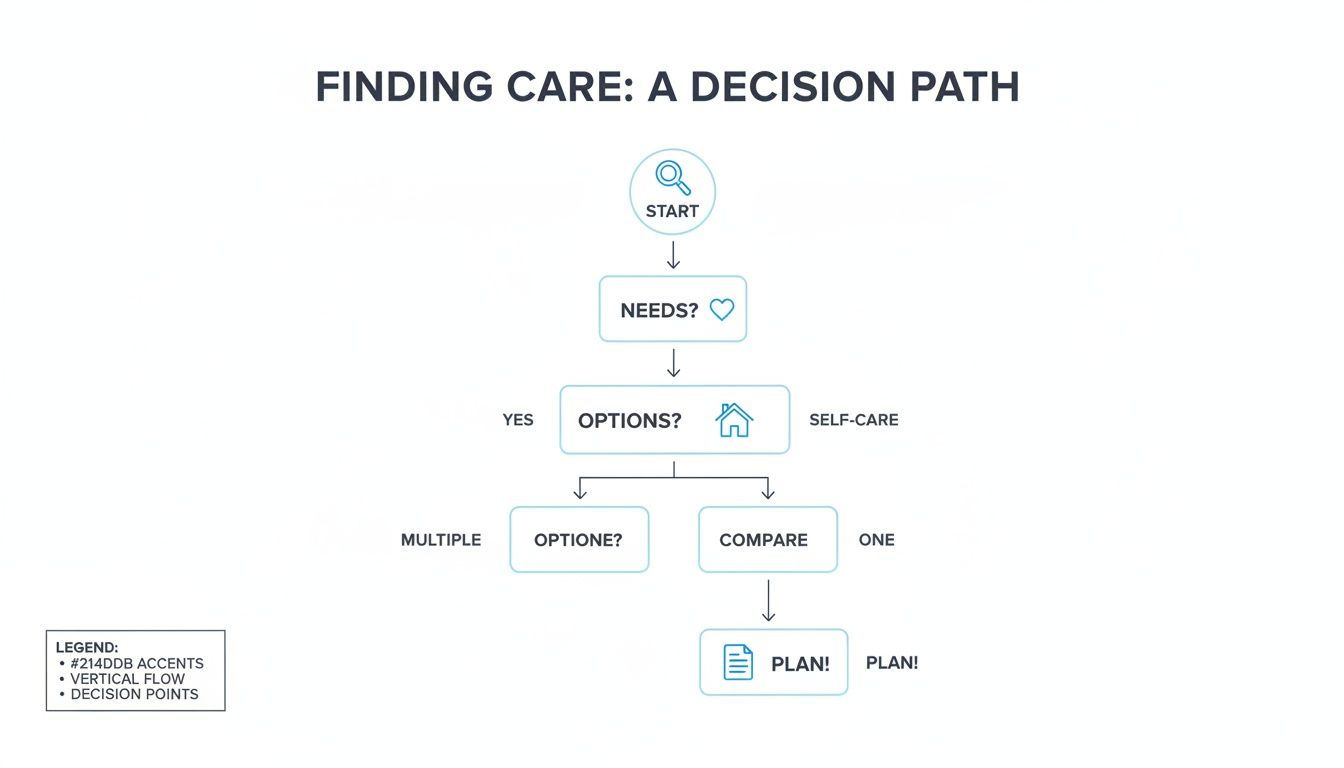 A flowchart titled 'Finding Care: A Decision Path', illustrating steps from needs assessment to planning.