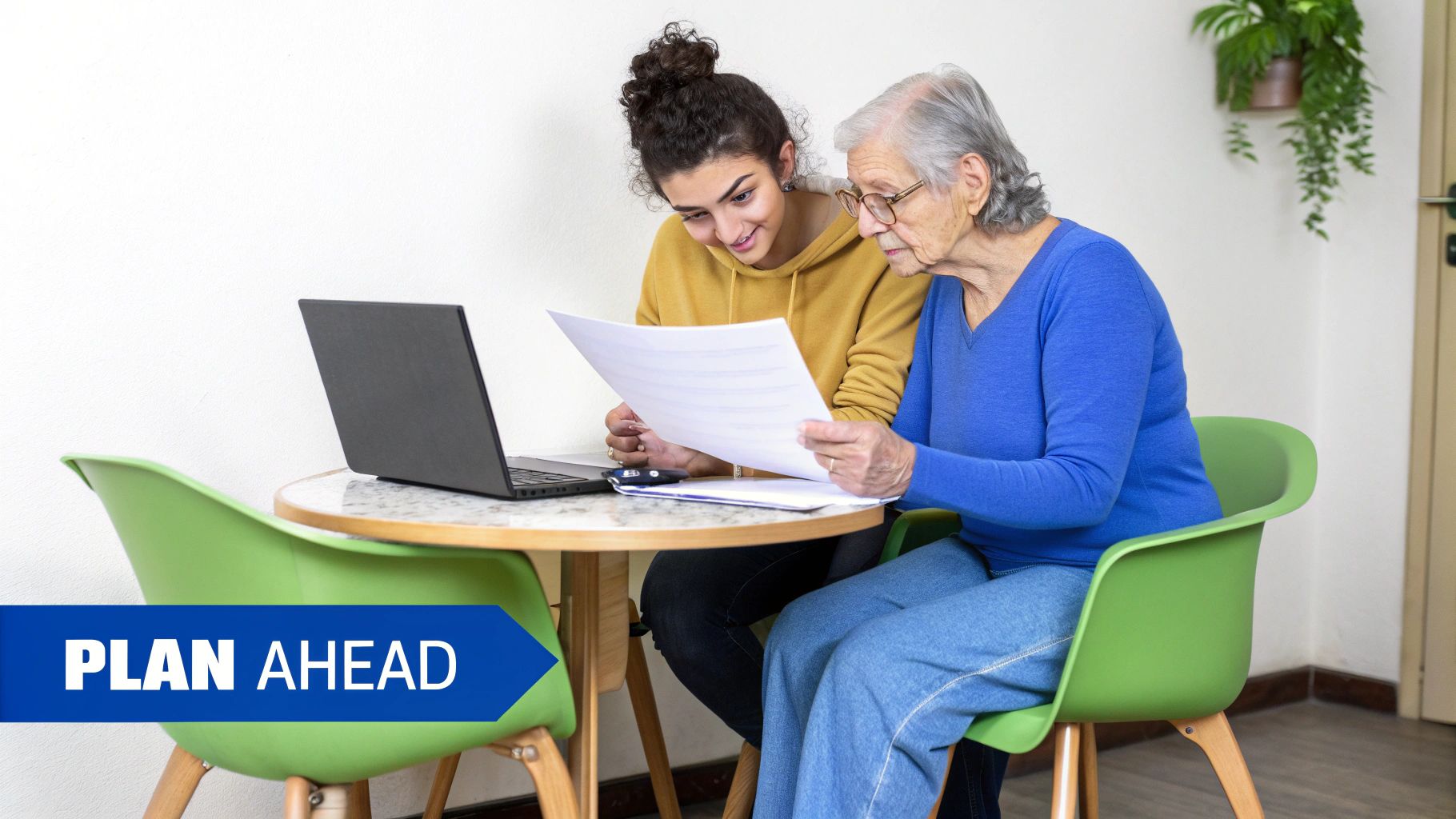 A young woman and an elder woman review documents and a laptop together, planning ahead.