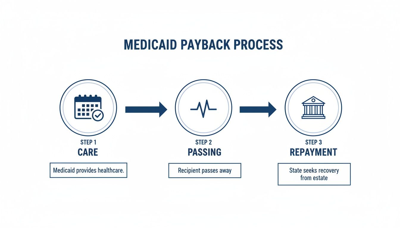 Infographic illustrating the Medicaid payback process with three steps: healthcare provision, recipient passing away, and state estate recovery.