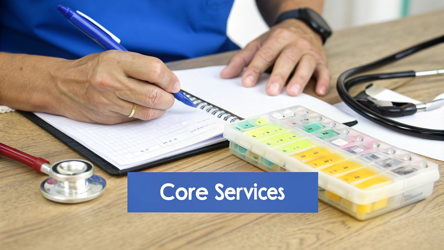 A medical professional writes on a notepad, with a stethoscope and pill organizer on a wooden desk.