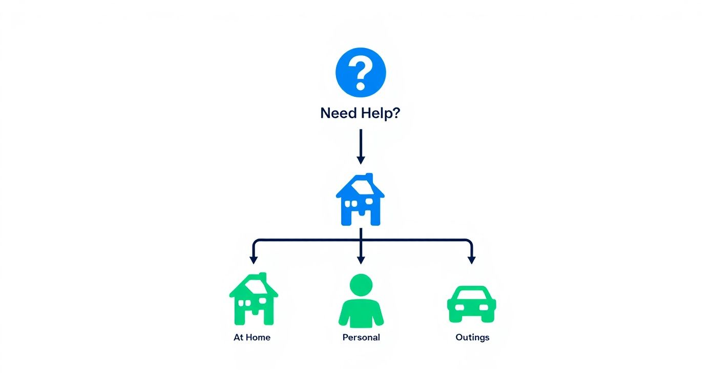 A flowchart illustrating different areas where help might be needed: At Home, Personal, and Outings.