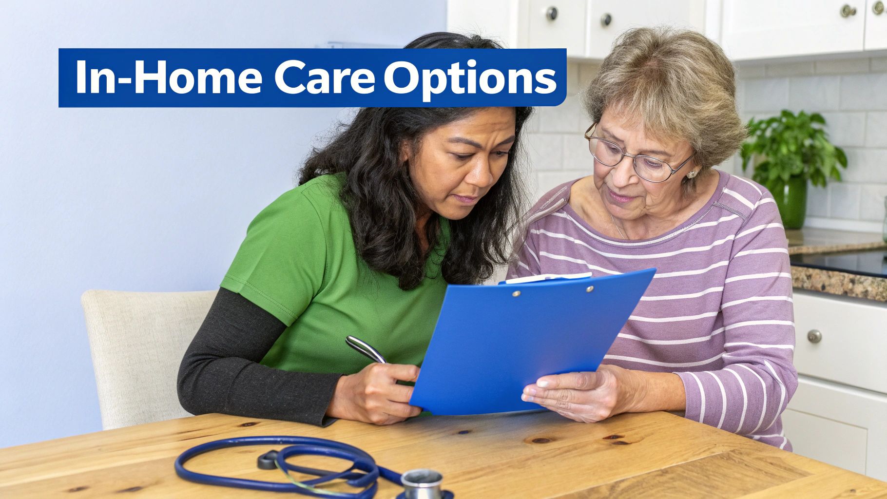 A caregiver assists a woman in a wheelchair at home, both smiling together.