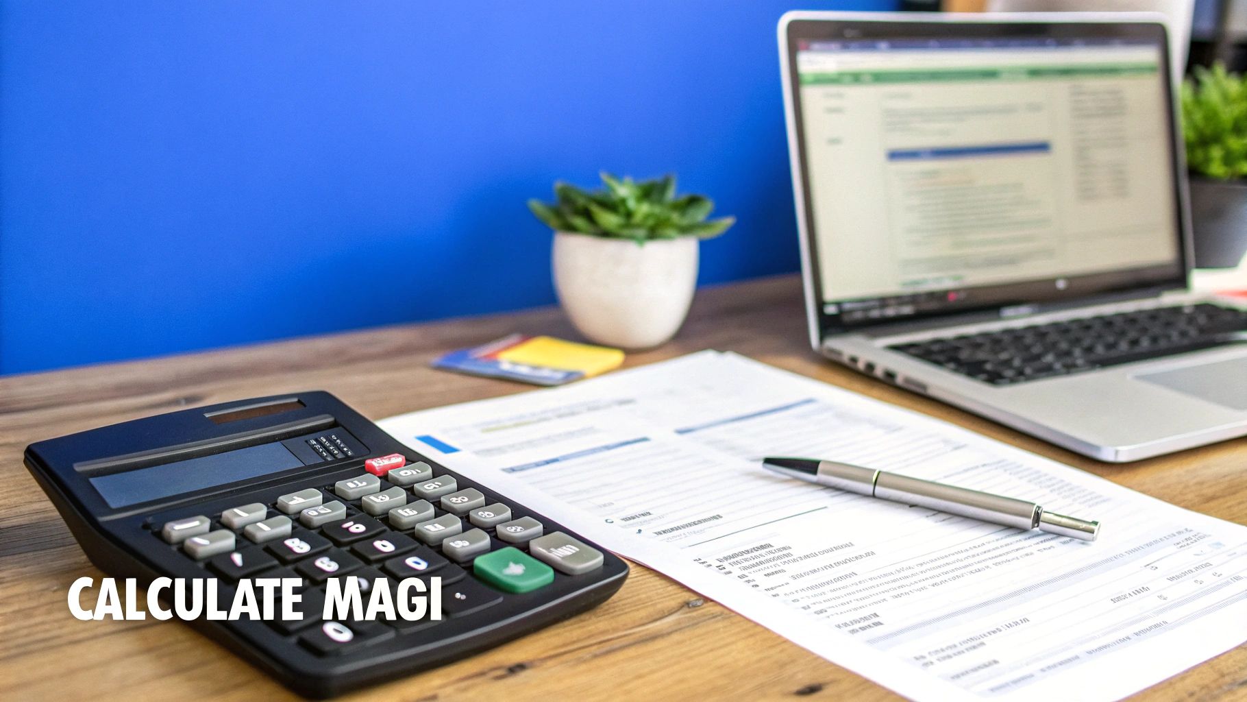 A calculator, documents, and a laptop on a desk, with text 'CALCULATE MAGI' for income limits.