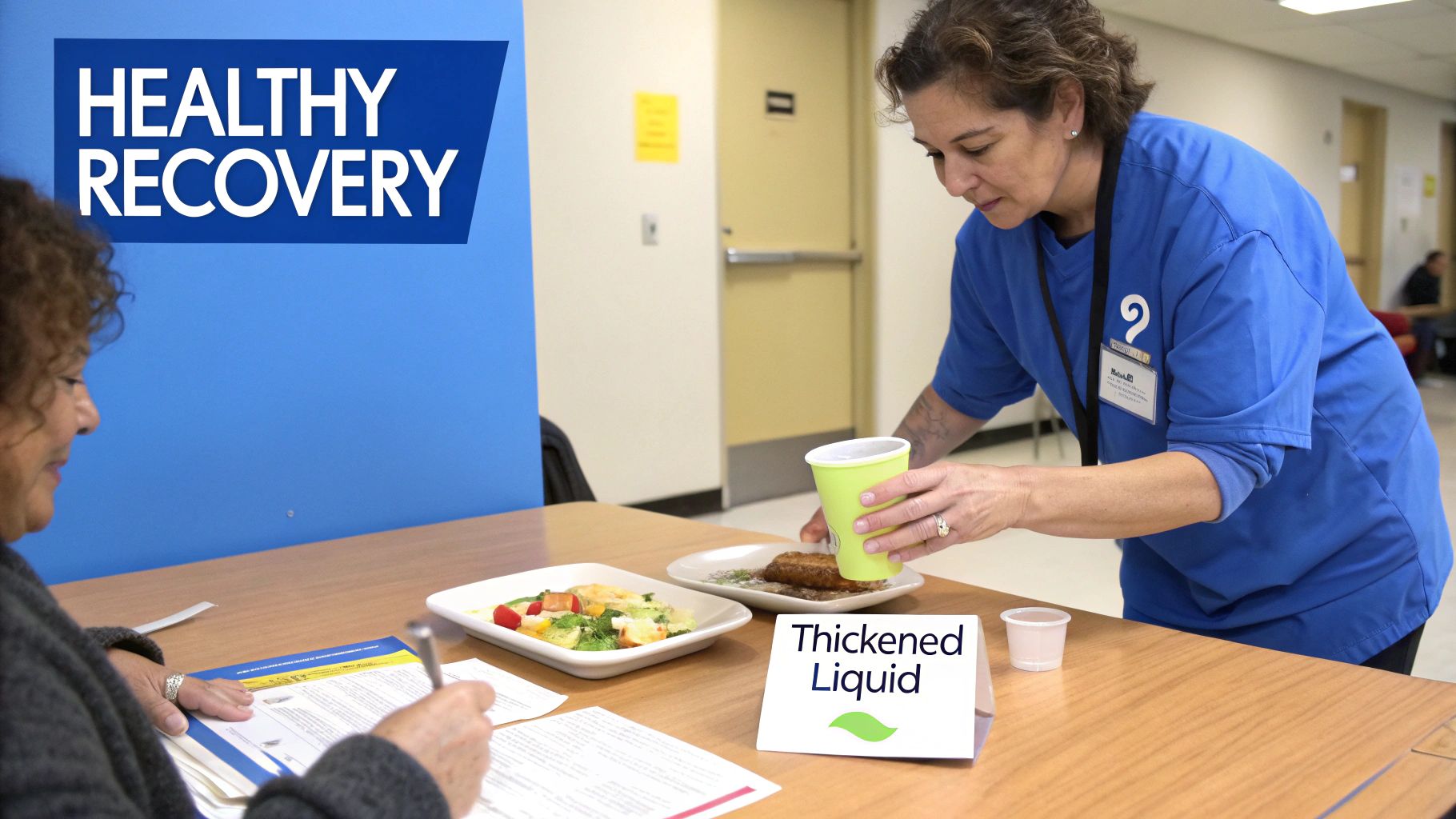 A healthcare worker serves a thickened liquid and meal to a patient in a recovery setting.