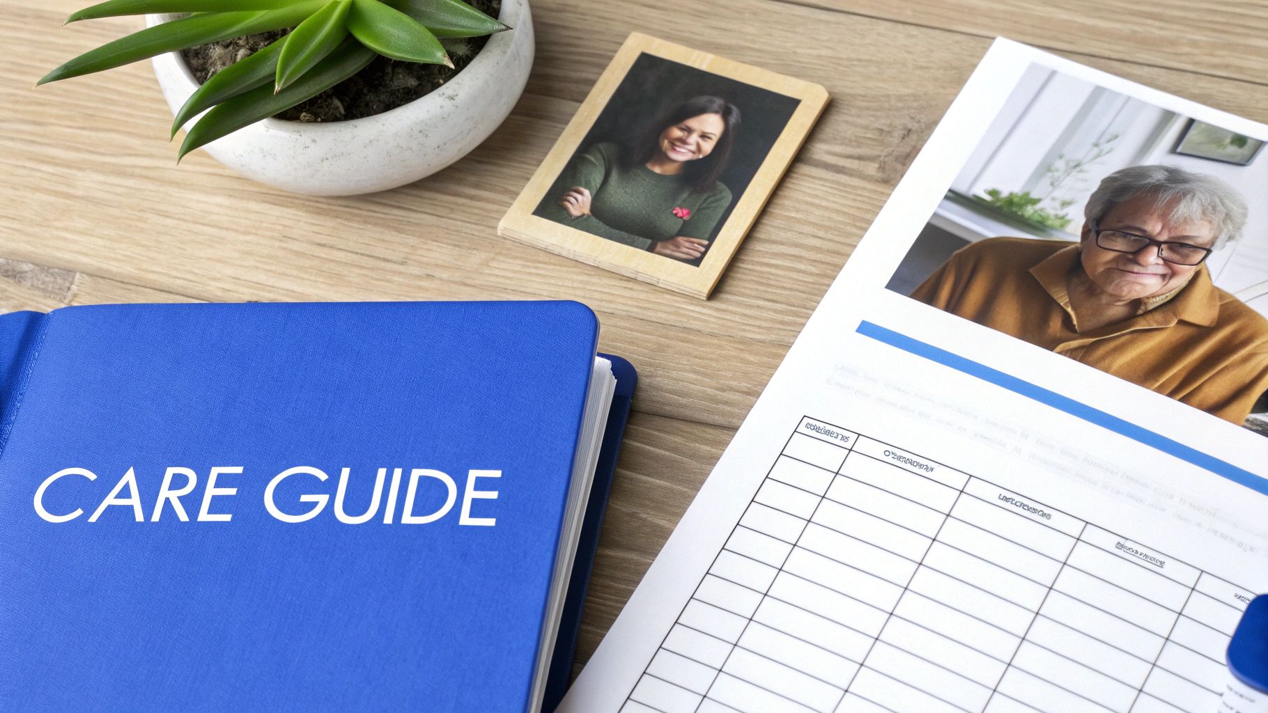 A caregiver writing notes in a planner, preparing a guide for a smooth transition.