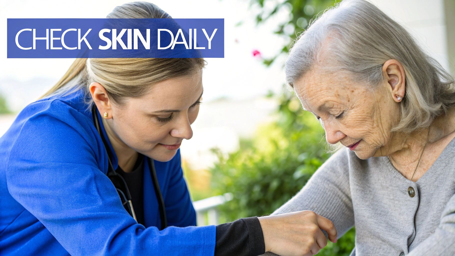 A caregiver attentively checks the arm skin of an elderly woman, with 'CHECK SKIN DAILY' text.