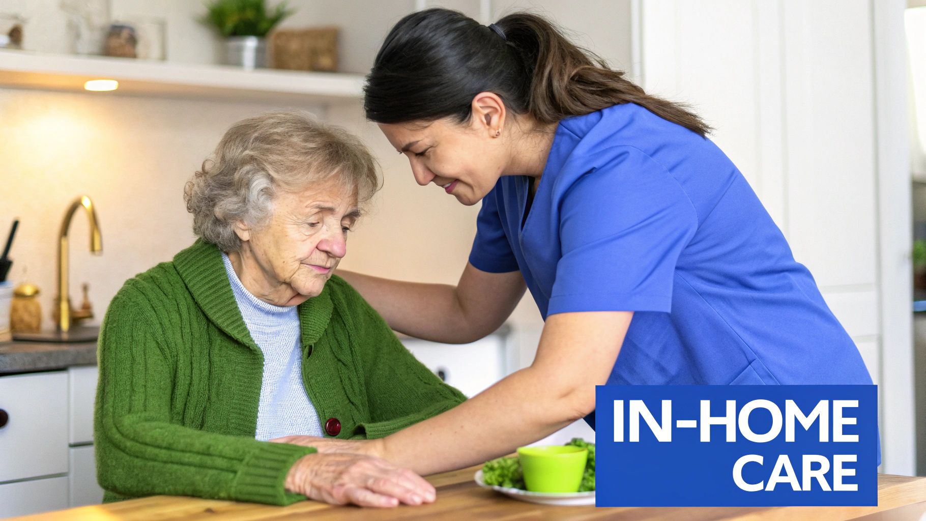 A smiling caregiver assists an elderly woman in her home, representing the goal of in-home support.